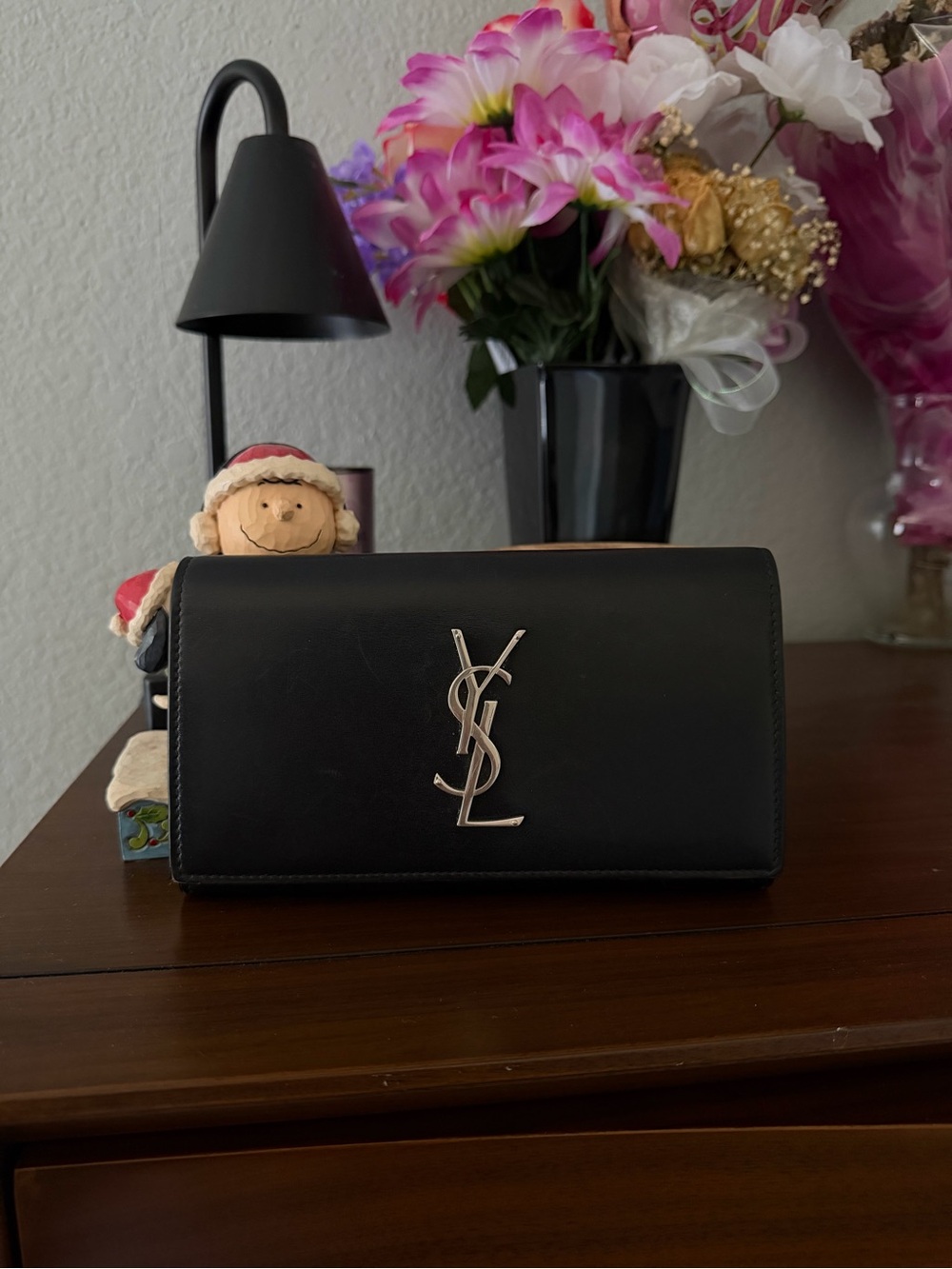 Saint Laurent Black Leather Clutch with Silver YSL Monogram